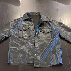 Black Faux Leather Button-Up Jacket